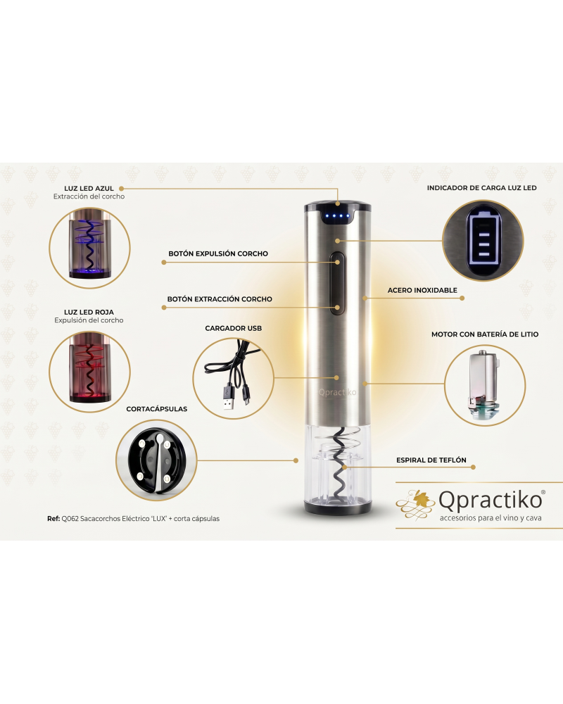 Sacacorchos Eléctrico Recargable "Lux" + Corta Cápsulas